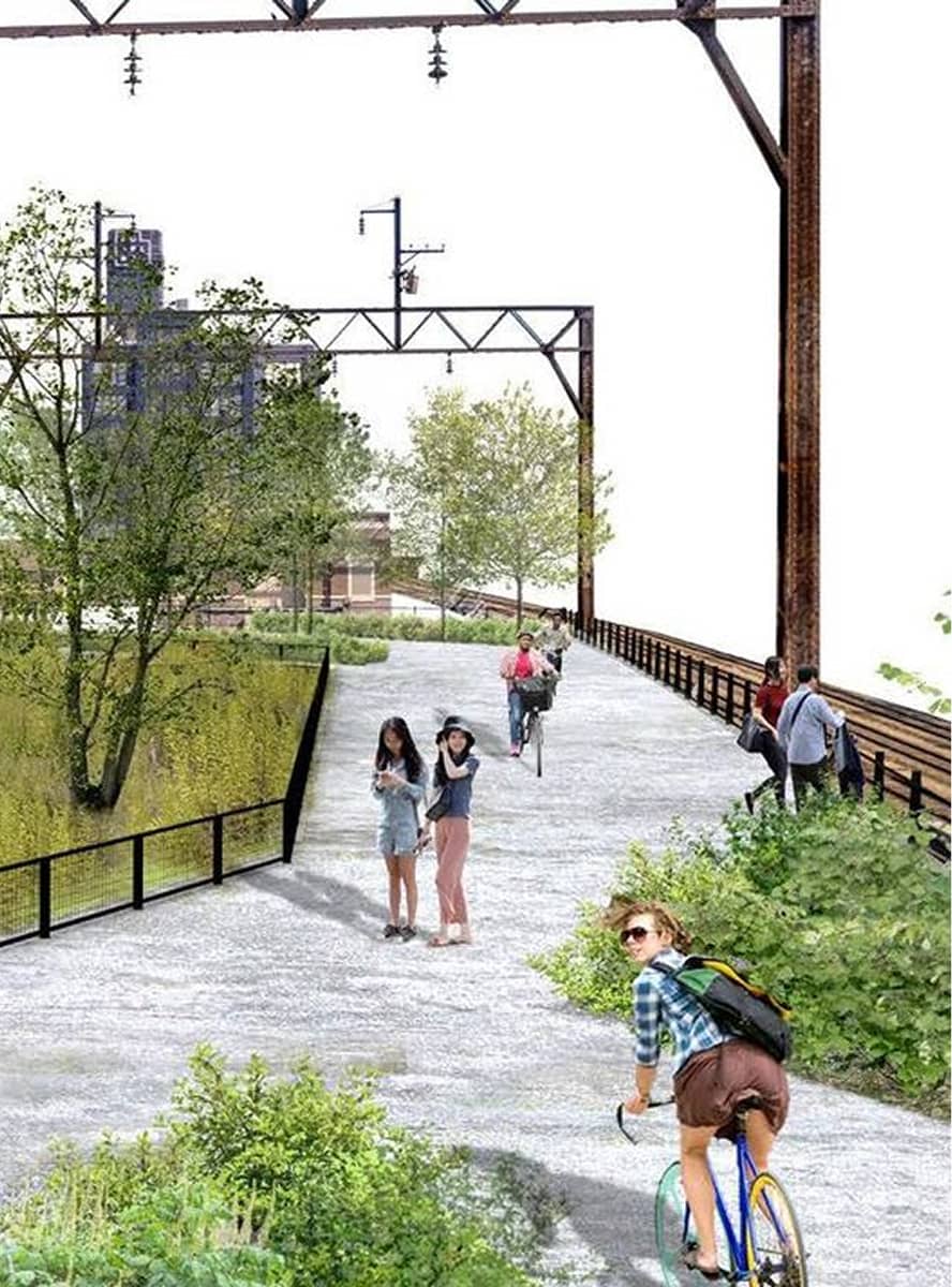 Rail Park phase 2 rendering showing a cyclist and pedestrians enjoying the lush, elevated park with trees and greenery. The path is open and vibrant, conveying a sense of calm and leisure.
