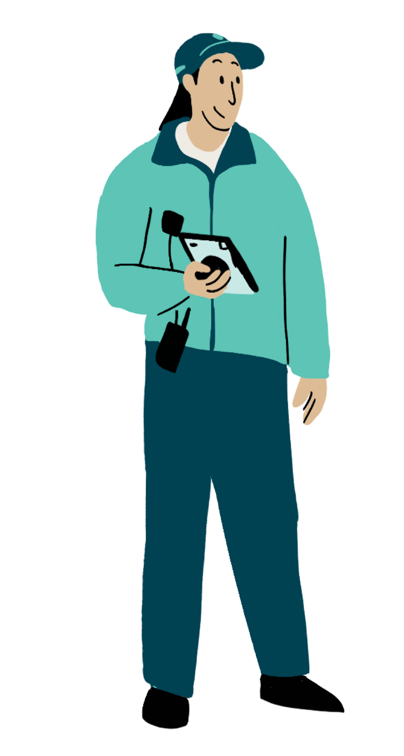 Illustration of CCD community service representative (CSR for short) wearing a teal jacket and baseball cap, carrying a tablet.