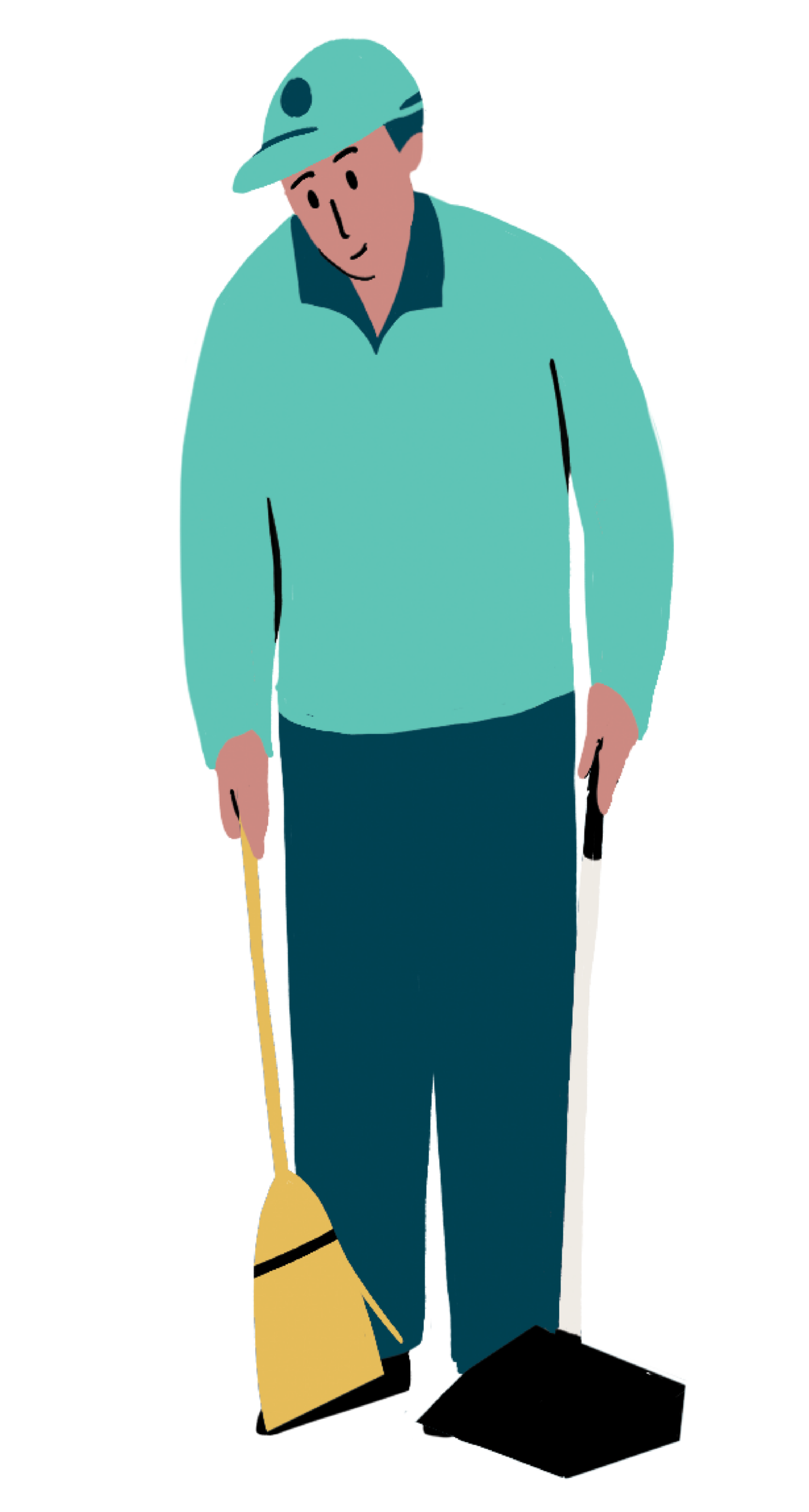 Illustration of CCD sidewalk sweeper wearing a teal jacket, and baseball cap sweeping with a pan and broom.